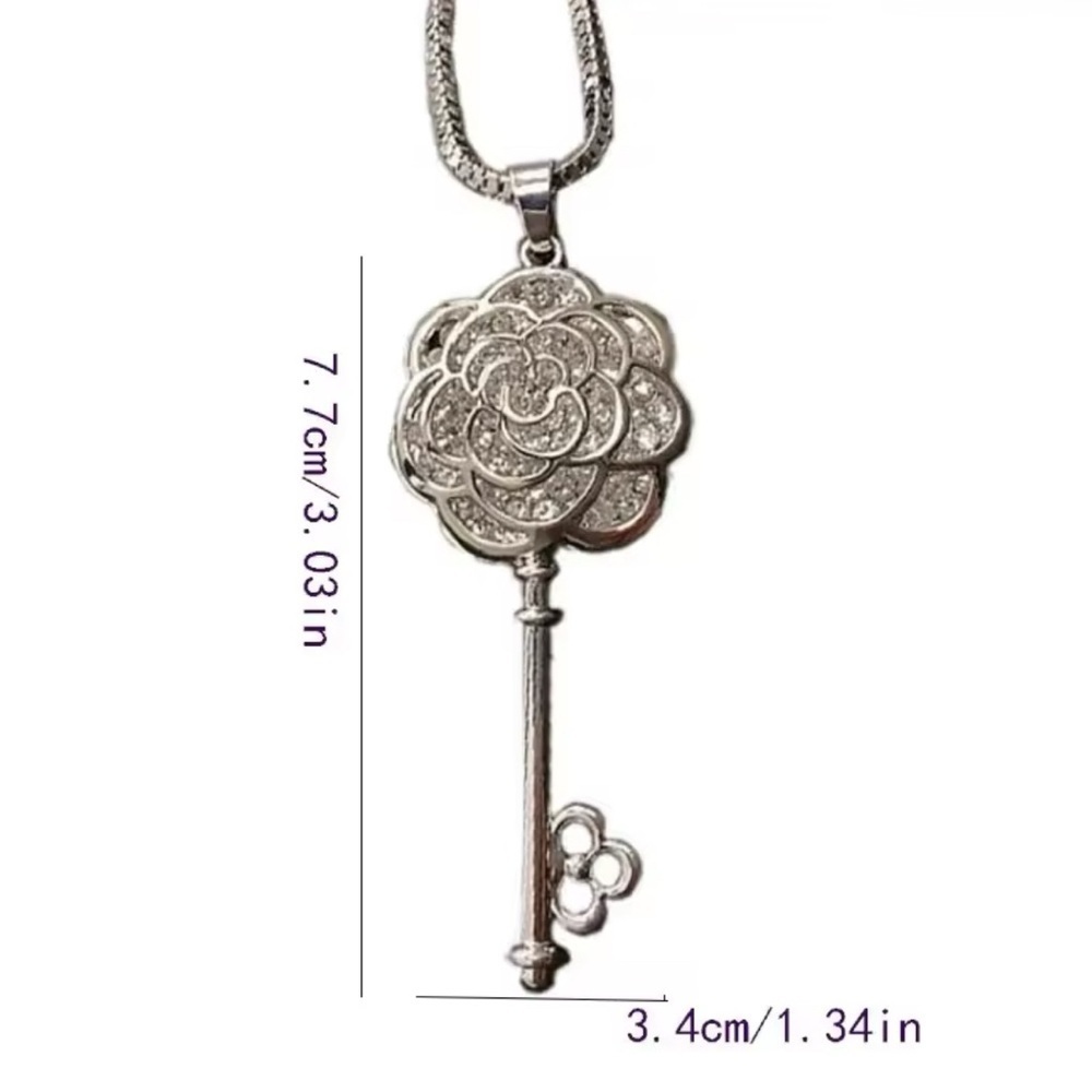 925 Sterling Silver Camellia Blossom Key Long Chain Necklace w/ Zircon Accents - Picture 9 of 11